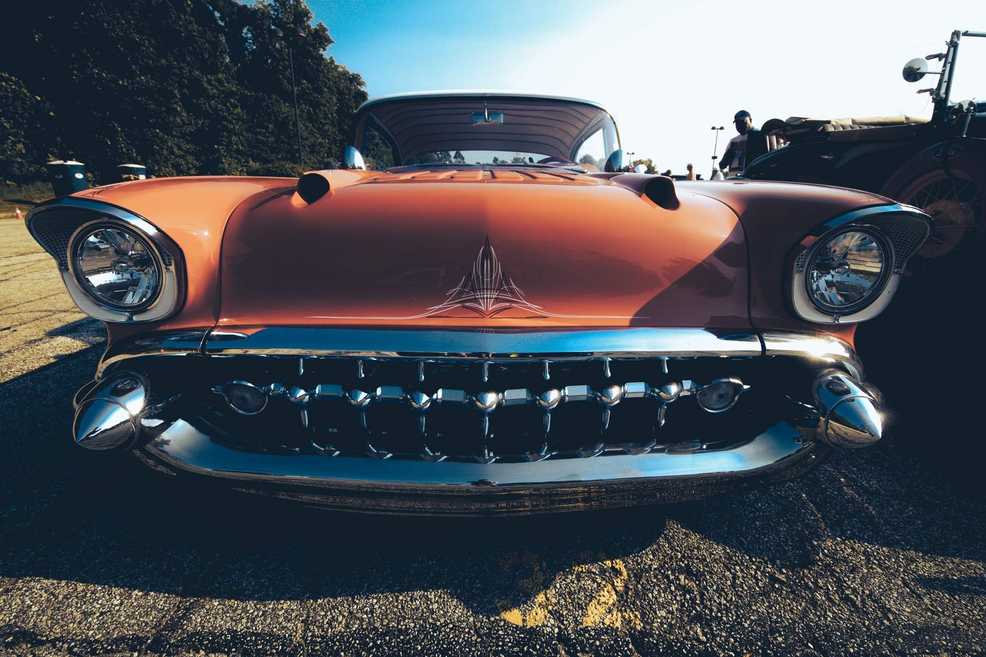 Custom classic Chevrolet photographed from a low front angle.