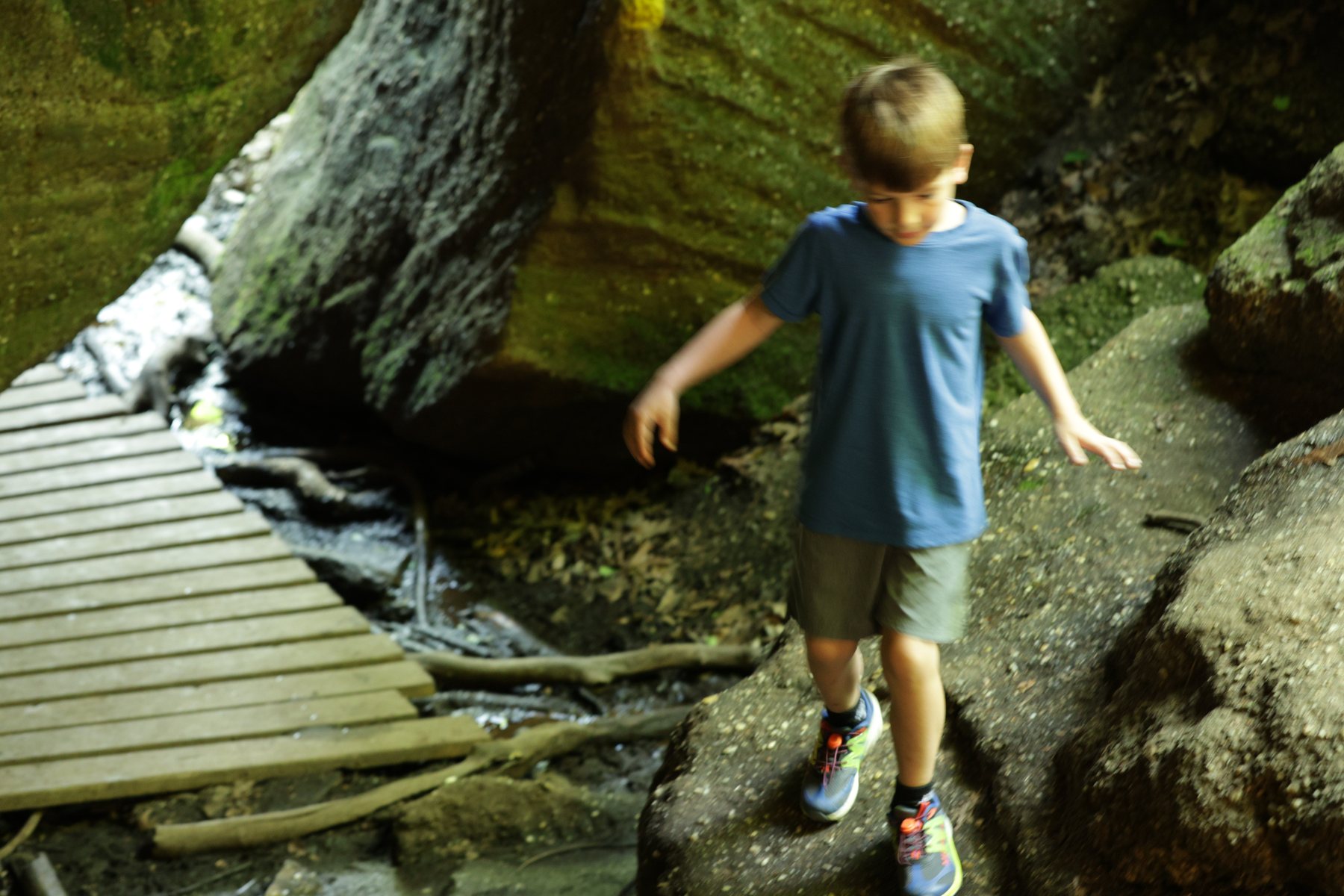 Child walking through a rocky forest path.