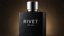 Black fragrance bottle lit against a warm dark backdrop.