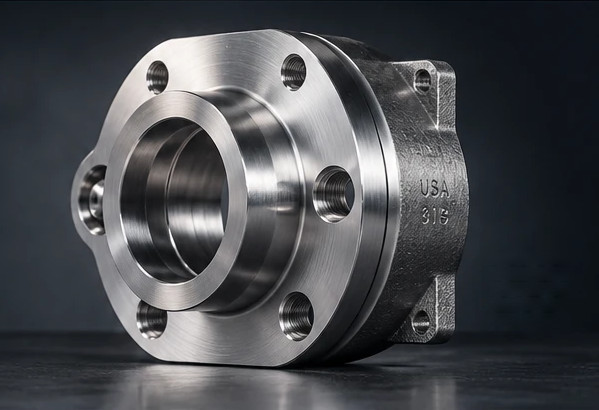 Machined stainless steel flange component lit against a dark background.