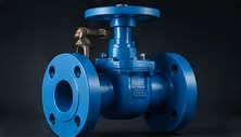 Blue industrial gate valve photographed on a dark background.