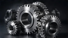 Machined steel gears arranged on a dark surface.