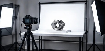 Product photography setup with softbox lights, a camera on a tripod, and a metal part on a white sweep.